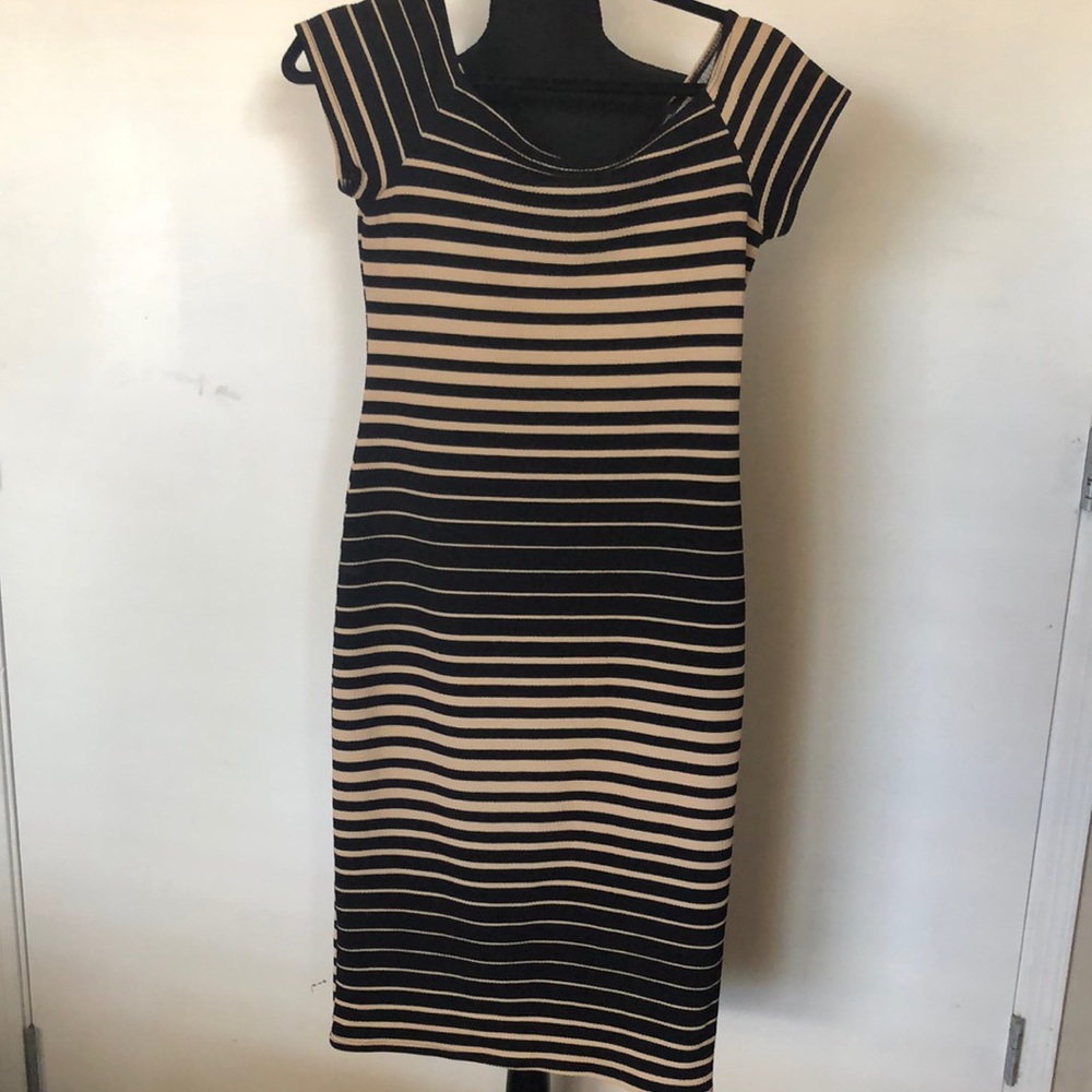 Brat Star Black and Tan Asymmetrical Sheath Dress